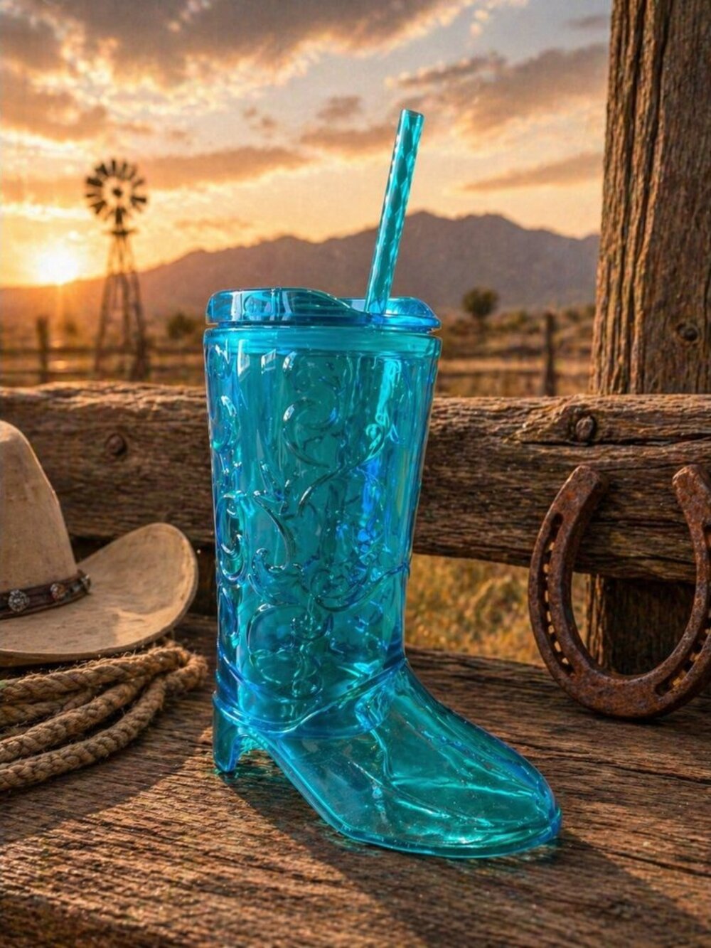 New Blue Cowboy Boot Tumbler Cup w/ Straw Western Water Bottle Drink Cup - Picture 2 of 5